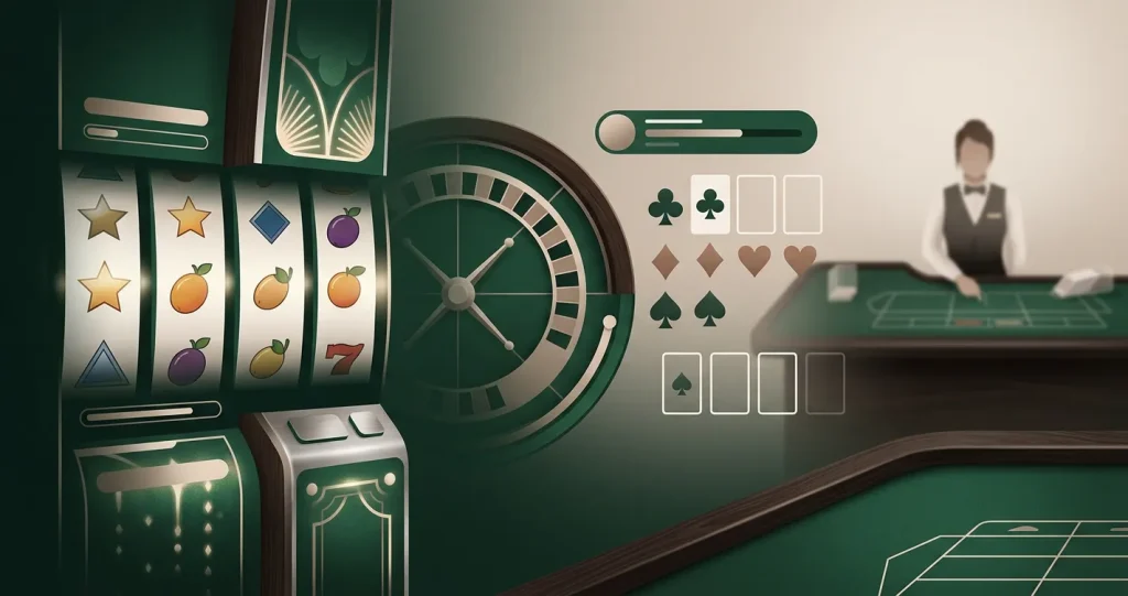 Editorial illustration combining slot reels, cards, roulette and live casino cues