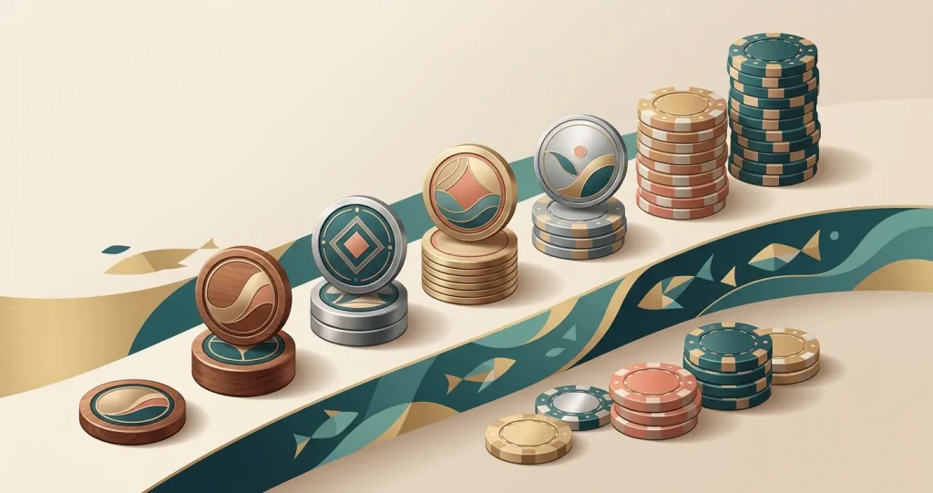 Illustration of loyalty rewards, casino chips and promotional tokens with a subtle fish motif