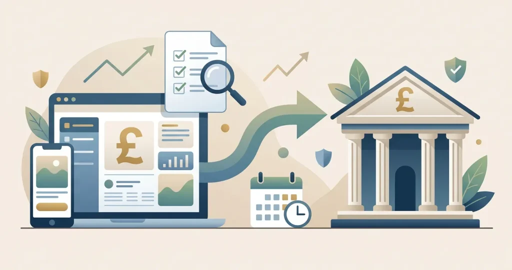 Editorial illustration of a GBP withdrawal path with verification document and bank account
