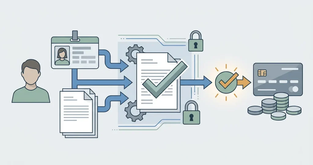 Editorial illustration of identity documents being checked before a casino payout