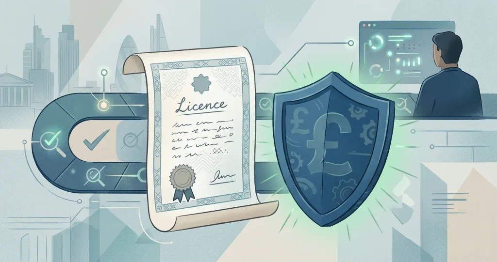 Editorial illustration of UK gambling regulation with a generic licence document, shield and pound motifs