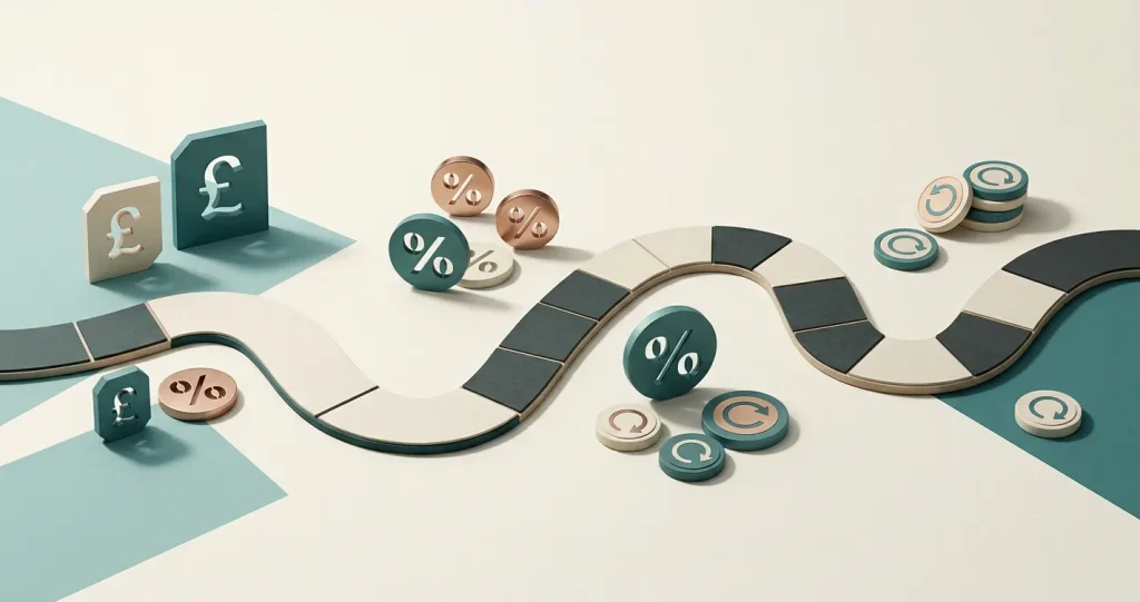 Illustration of casino bonus terms with pounds, free spins and wagering symbols