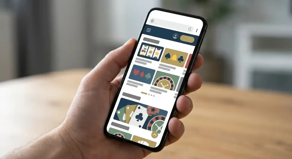 Editorial illustration of a mobile casino website displayed on a smartphone