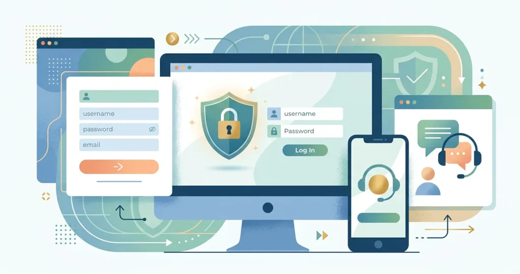 Editorial illustration of secure casino account registration, login and live chat