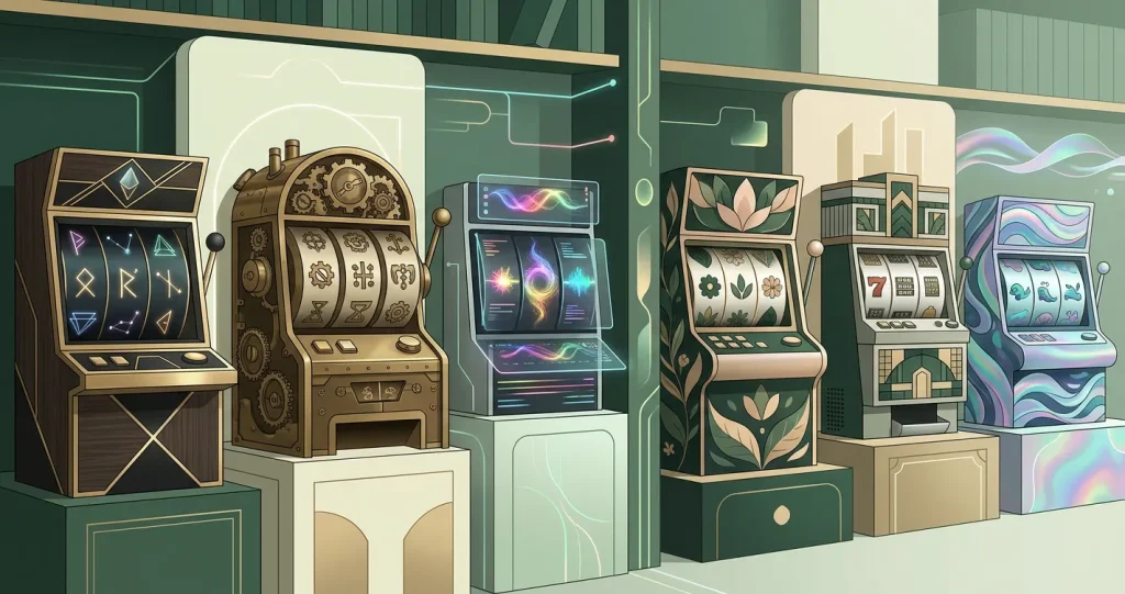 Editorial illustration of modern slot reels and a multi-provider game library