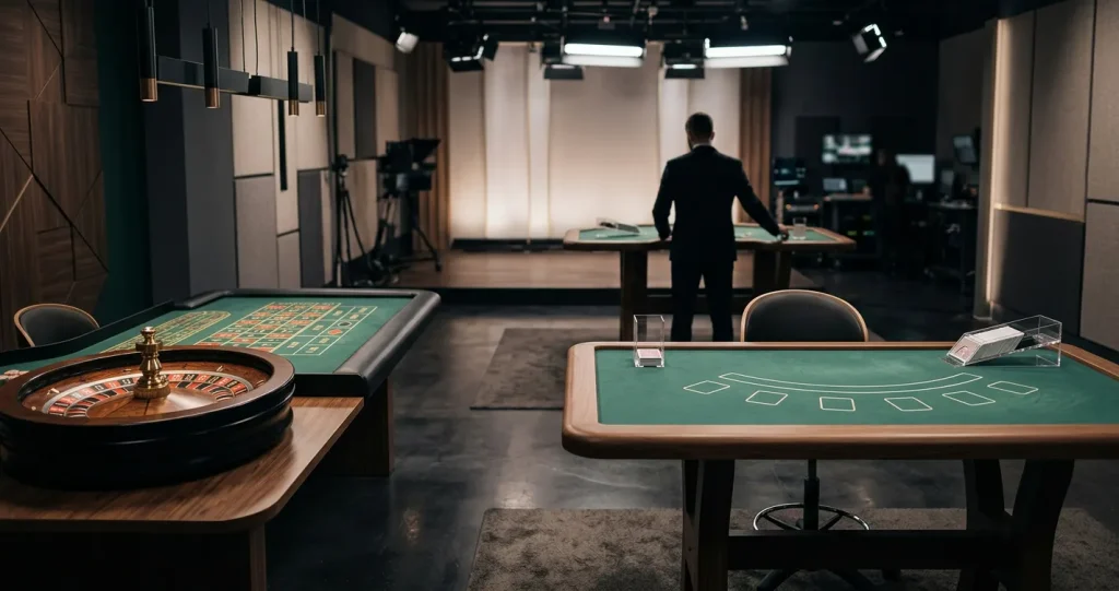 Editorial illustration of a live casino studio with roulette and blackjack tables