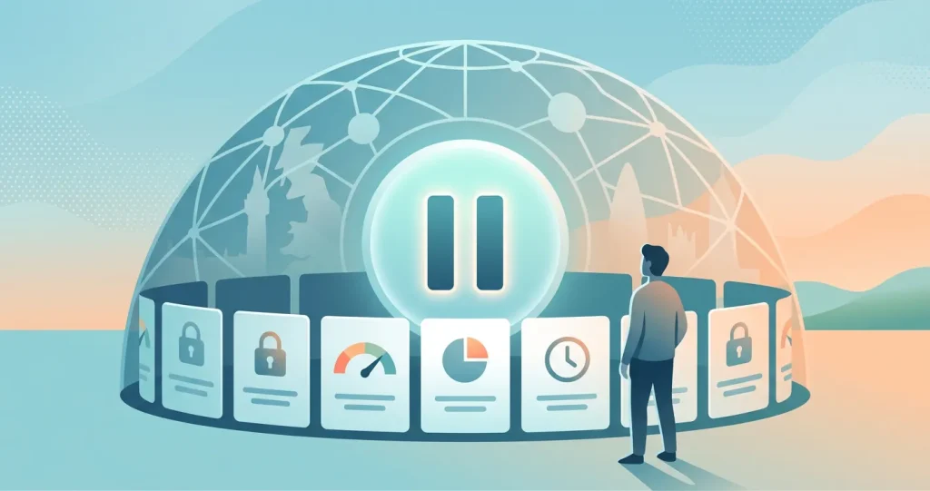 Editorial illustration of responsible gambling with a pause symbol, account controls and UK context