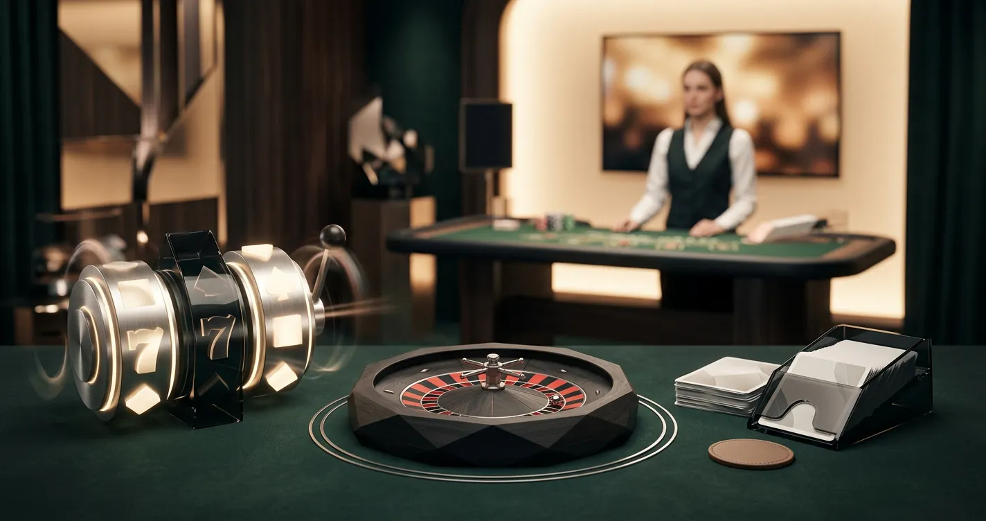 Casino game category illustration with slots roulette blackjack and live dealer themes