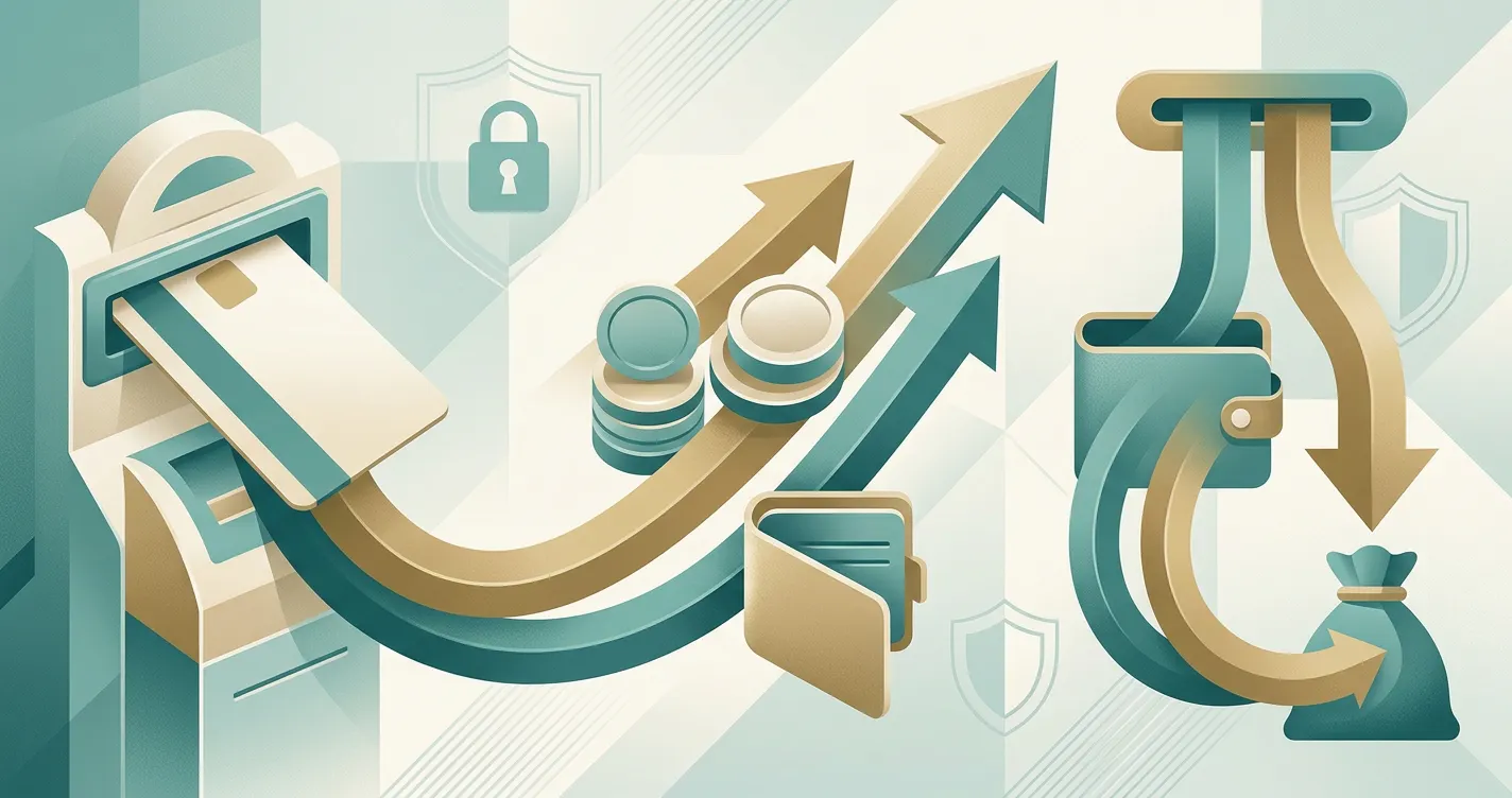 GBP deposit and withdrawal concept with payment card and transfer arrows